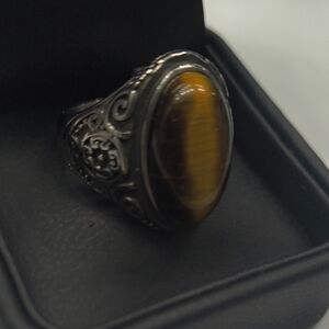 Beautiful Genuine Tigers Eye Stainless Steel Ring - Size 8